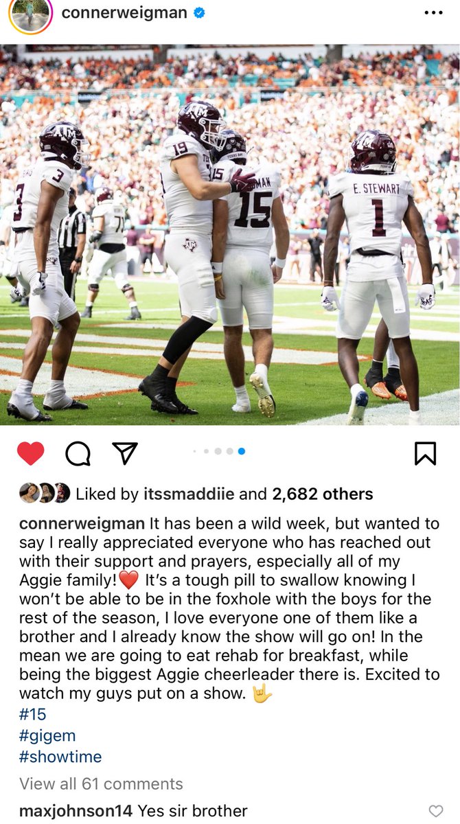 tengland_150's tweet photo. Just posted by @ConnerWeigman 

Love the first comment 👍🏻 

#GigEm https://t.co/YVlCYNwSYM