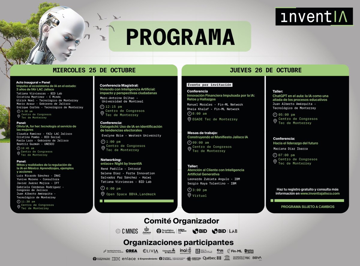 Hub_IA_Tec's tweet photo. 🚀 ¡El programa de InventIA 2023 ya está disponible!

Descubre las conferencias, talleres y actividades que te esperan en este emocionante evento de Inteligencia Artificial. 🌟

¡Prepárate para una experiencia única en IA!

Haz tu registro gratuito en:
https://t.co/BshI327F9R https://t.co/SYDyUtoBCX