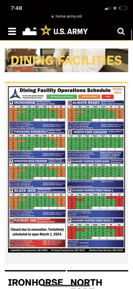 Ladies and Gentlemen - for the first time this year, #FortCavazos has pushed out their monthly DFAC schedule BEFORE the month turns over.  New FY, new Fort Cav?

home.army.mil/cavazos/my-for…
