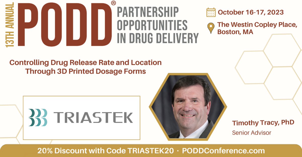 Join us at the upcoming #PODD: Partnership Opportunities in Drug Delivery conference. We are at booth 37!
🗓️October 16-17 | 📍Boston, MA

Our senior advisor Dr. Timothy Tracy will be presenting on "Controlling Drug Release Rate and Location Through 3D Printed Dosage Forms".

#3DP