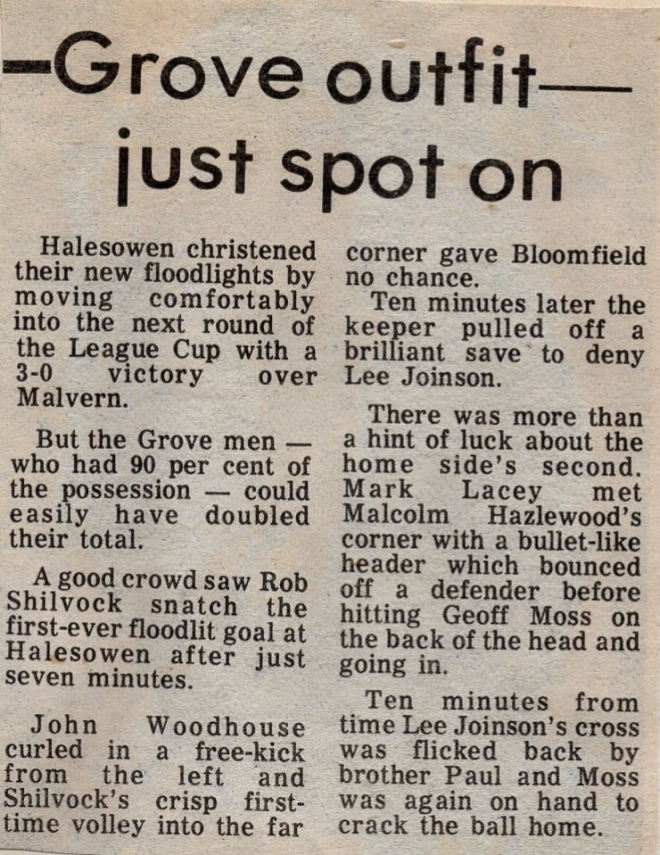 #OTD in 1983 (40 years ago), Halesowen played their first ever home match under floodlights. They beat Malvern Town 3-0 in a League Cup match (att: 750). This is the report from that evening... #YeltzHistory