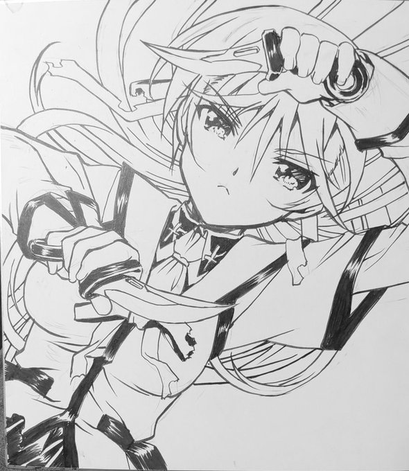 イラスト完成させて宛名書きしようと仕様書見たら、注文内容間違えて描いてしまった事に気付き全ボツになってしまった設子さまwカランビットナイフ大好き。#恋楯 