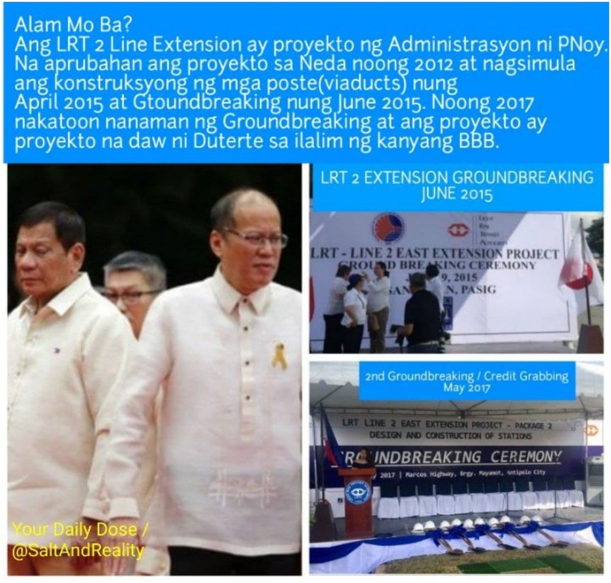 SaltAndReality's tweet photo. Did You Know? LRT 2 East Extension was a project of the PNoy Administration. NEDA approved the project in 2012 with the construction of the viaduct starting in April 2015 &amp; Groundbreaking in June 2015. In 2017 a 2nd groundbreaking was held w/ the project now under Duterte's BBB. https://t.co/E9cm02MiXt