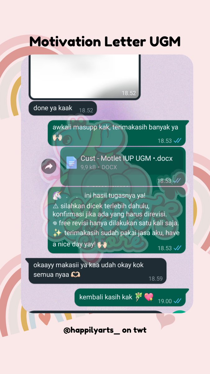 🌷 Testi

231. Puisi Agama Kristen
232. Kesan &amp; Pesan Graduation
233. Artikel Opini
234. Motlet IUP UGM 

🎠 pena-joki by happilyarts 
✨ thankyou for trusting me
💌 DM/WA for order
#byarts