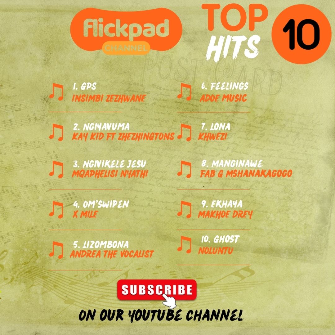 flickpadchannel's tweet photo. 1. Insimbi zezhwane - GPS
2. Kay_Kid ft Zhezhingtons- Nhiyavuma
3. Mqaphelisi Nyathi - Ngivikele Jesu 
4. X Mile - Om'swipen 
5. Andrea The Vocalist - Lizombona 
6. Adoe Music - Feelings
7. Khwezi Zw - Lona
8. FAB G - Manginawe
9. Makhoe Drey - Ekhaya
10. Noluntu J - Ghost https://t.co/maUeZIhQ4a