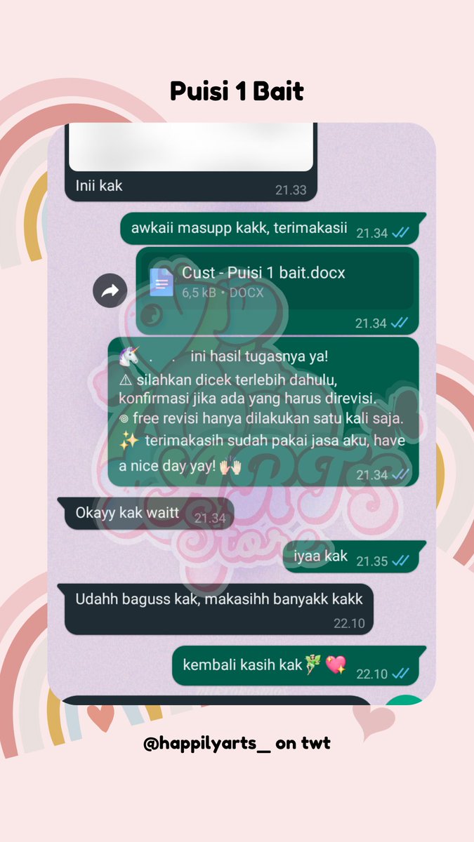 🌷 Testi

243. Artikel - Keanekaragaman
244. Cerpen Inspirasi
245. Jastul Folio
246. Puisi 1 Bait

🎠 pena-joki by happilyarts 
✨ thankyou for trusting me
💌 DM/WA for order
#byarts