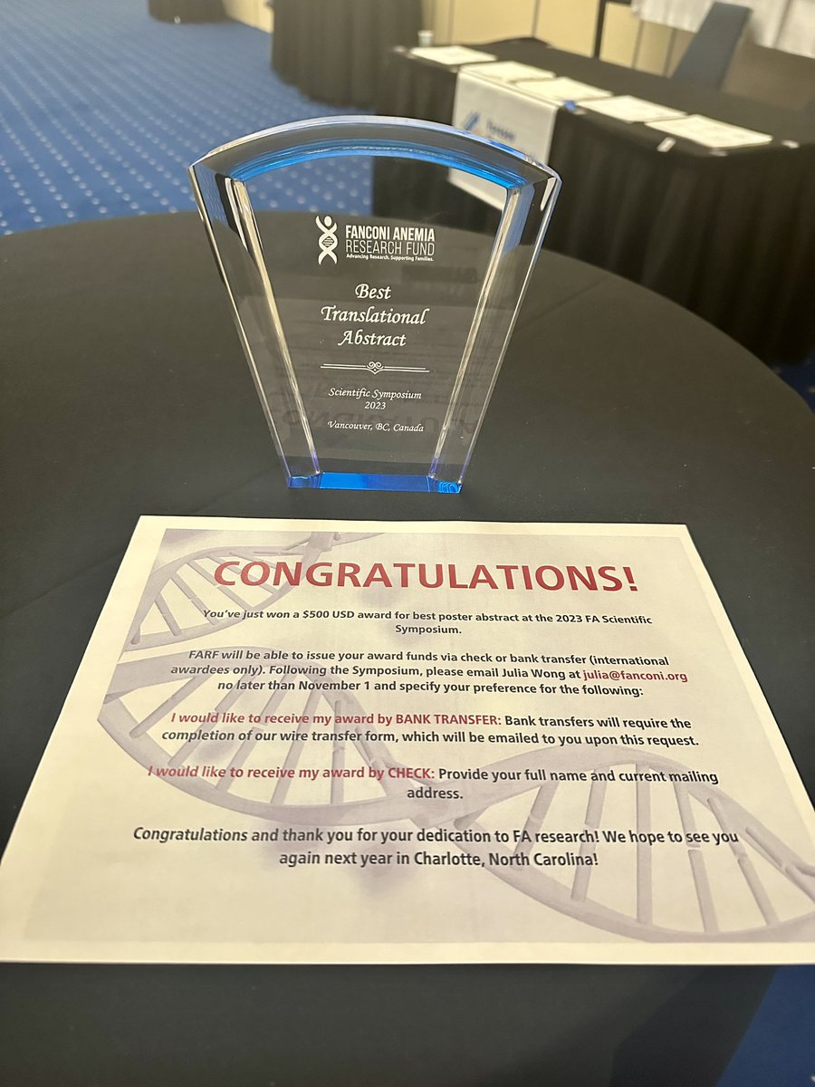 tweetRachelB's tweet photo. Won the best translational presentation award at the Fanconi Anemia Research Symposium! Surprised but truly honored. 🏆 https://t.co/8qabiDwxQO