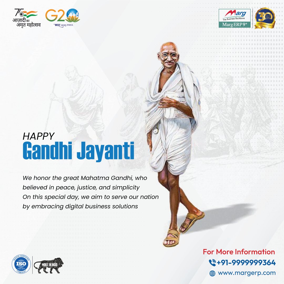 MargErpLtd's tweet image. 🎉✌️ Happy Gandhi Jayanti! We are honored to remember the incredible Mahatma Gandhi, who stood for peace, justice, and simplicity. 🙏 Today, we are committed to serving our nation by embracing digital business solutions. #GandhiJayanti #PeaceAndSimplicity #DigitalIndia #MargERP