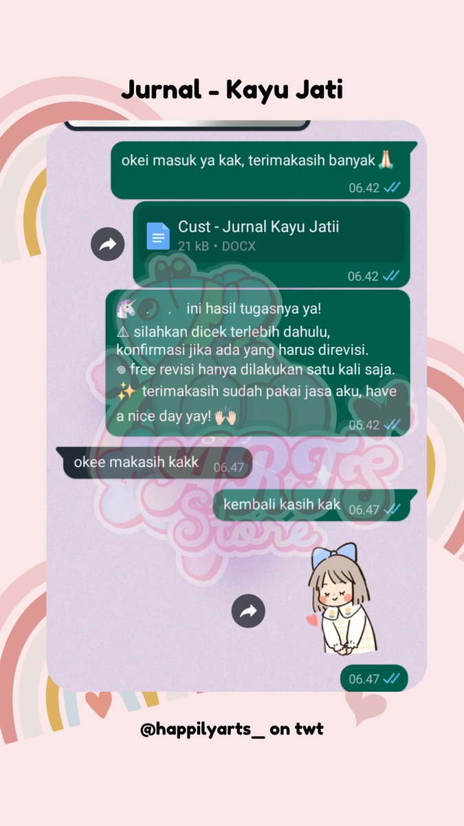 🌷 Testi

271. Uraian Alat Laboratorium
272. Uraian - K3
273. Mindmap Materi
274. Jurnal - Kayu Jati

🎠 pena-joki by happilyarts 
✨ thankyou for trusting me
💌 DM/WA for order
#byarts