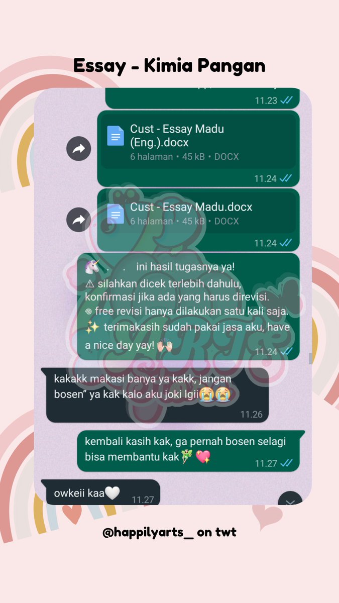 🌷 Testi

259.  Uraian - Pola Asuh
260. Jurnal - Tata Boga
261. PPT - Kimia Pangan
262. Essay - Kimia Pangan 

🎠 pena-joki by happilyarts 
✨ thankyou for trusting me
💌 DM/WA for order
#byarts