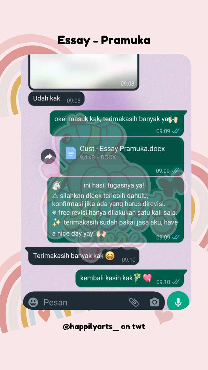 🌷 Testi

263. PPT - Ekonomi Bisnis
264. Uraian Karakter Tokoh
265. Skripsi - Saran
266. Essay - Pramuka

🎠 pena-joki by happilyarts 
✨ thankyou for trusting me
💌 DM/WA for order
#byarts