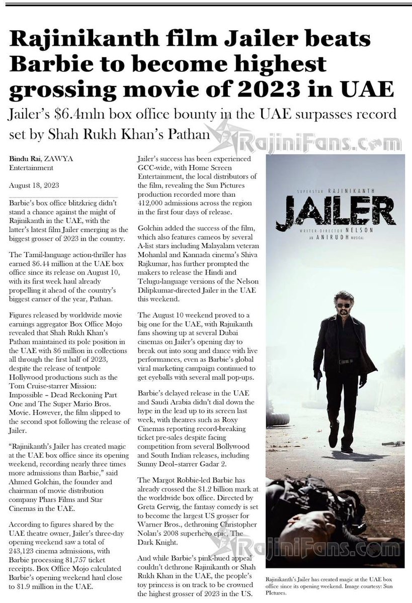 Jailer beats Barbie in UAE #JailerHistoricBO #Jailer50thday #Rajinikanth