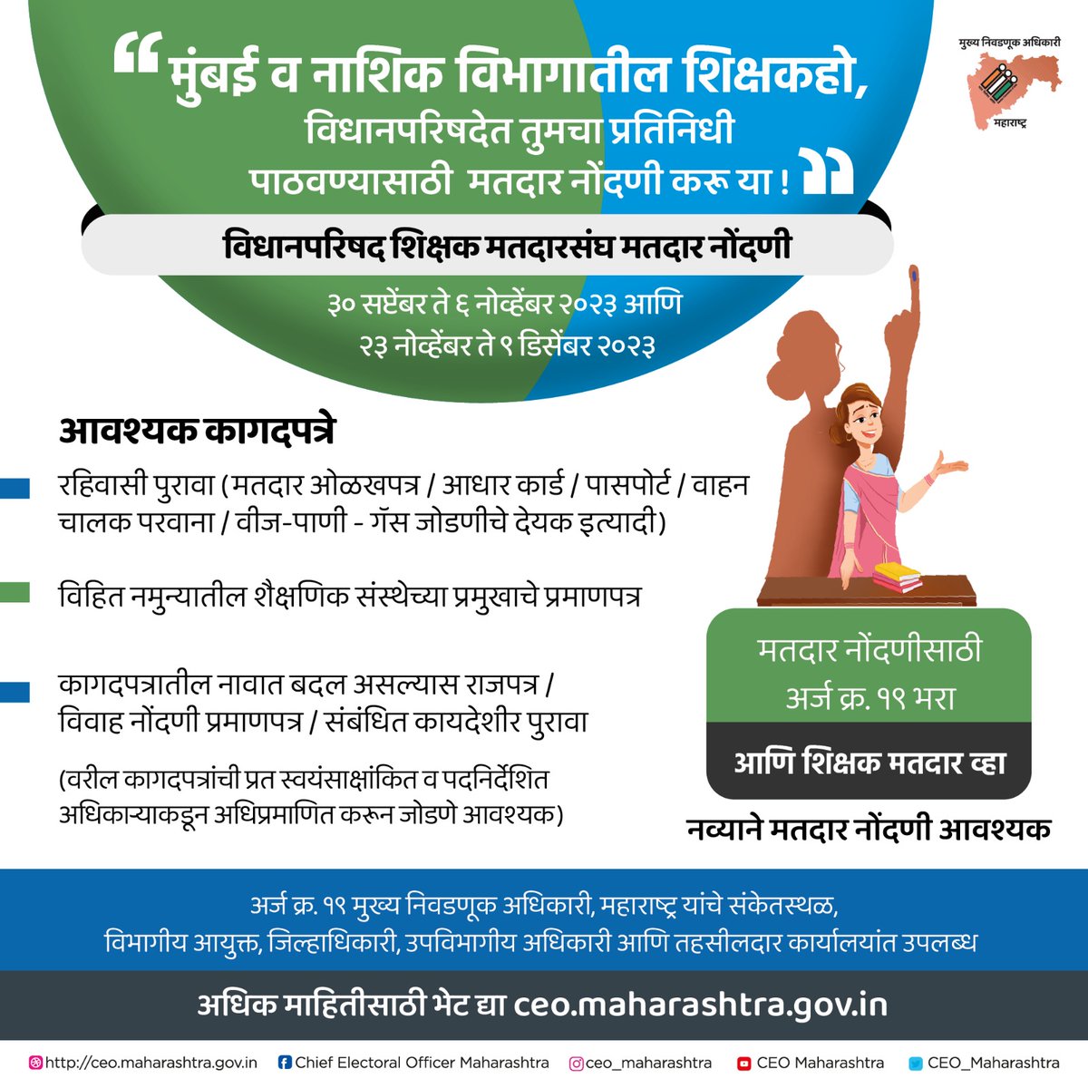 CEO_Maharashtra's tweet photo. विधानपरिषद #शिक्षक मतदारसंघ #मतदार नोंदणी
विभाग - #मुंबई व #नाशिक
अधिक माहितीसाठी-
मुख्य निवडणूक अधिकारी संकेतस्थळ : https://t.co/59CwRoNfn3
तसेच विभागीय आयुक्त, जिल्हाधिकारी, उपविभागीय अधिकारी आणि तहसीलदार कार्यालय (1/2) https://t.co/aAbMsDvy15