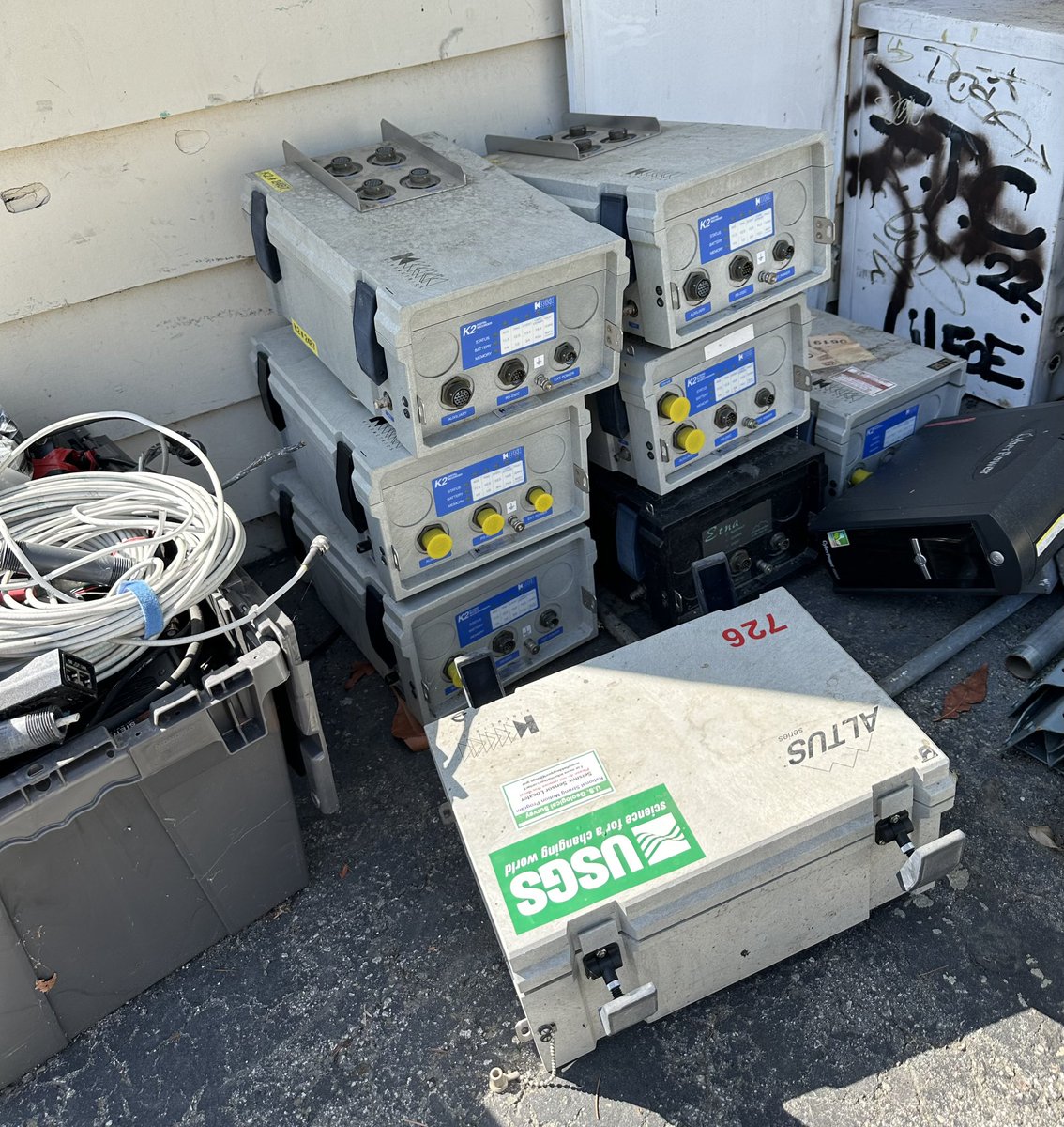 SeismoSue's tweet photo. Like computers, seismic recording devices have a limited lifespan. Bittersweet to see these K2s relegated to the e-waste pile. Basic, workhorse instruments, they took a licking & kept on ticking when #TeamUSGS installed them in Haiti in 2010 🇭🇹 https://t.co/nuhL13j5Qb