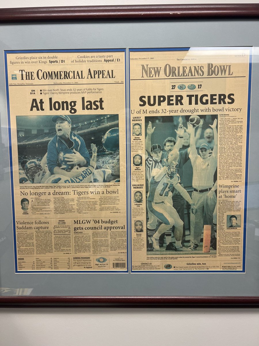 Really excited to celebrate the 2003 <a href="/MemphisFB/">Memphis Football</a> team tomorrow <a href="/SBLibertyStad/">Simmons Bank Liberty Stadium</a>, which was my senior year at <a href="/uofmemphis/">University of Memphis</a>. Had this made when I was working at the Pyramid, which still hangs in my office. #GoTigersGo