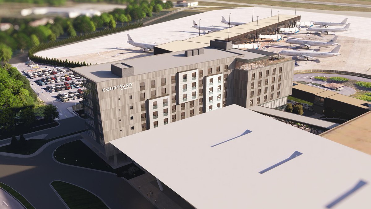 BMcIntoshNews's tweet photo. TAKE A LOOK! The Norfolk International Airport is one step closer to having an on-site hotel. Here's what it could look like: a seven-story Courtyard Marriot with a fitness center, meeting rooms and a rooftop bar. Read the full story here: https://t.co/srYbC73re2 https://t.co/PPon4T6KW0