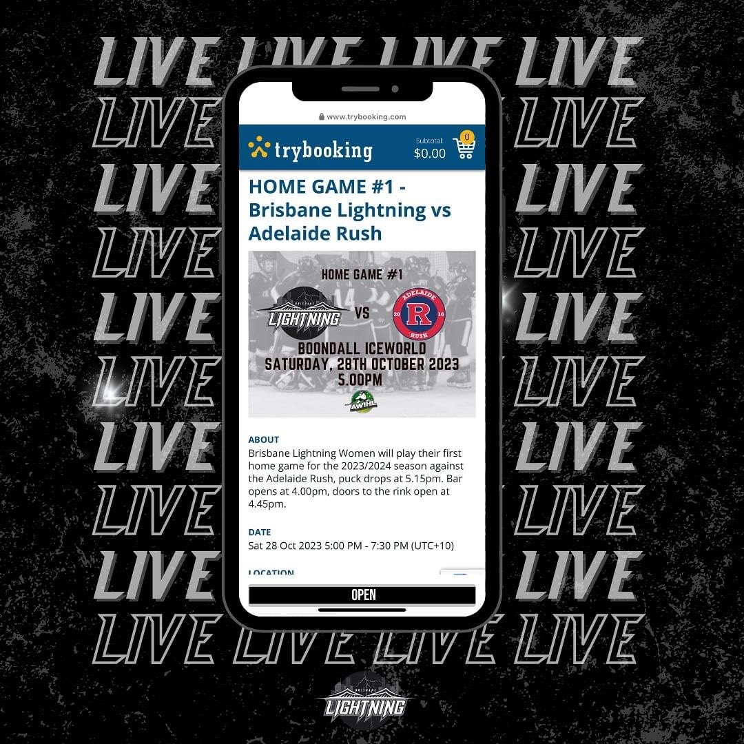 bnelightningice's tweet photo. ⚡️TICKETS ARE LIVE⚡️
•
https://t.co/biV7MImagi
Get them before they sell out!
•
#golightninggo #brisbanelightningwomens #icehockeyaustralia #icehockeyqueensland #awihl https://t.co/s8LiG6CAaw