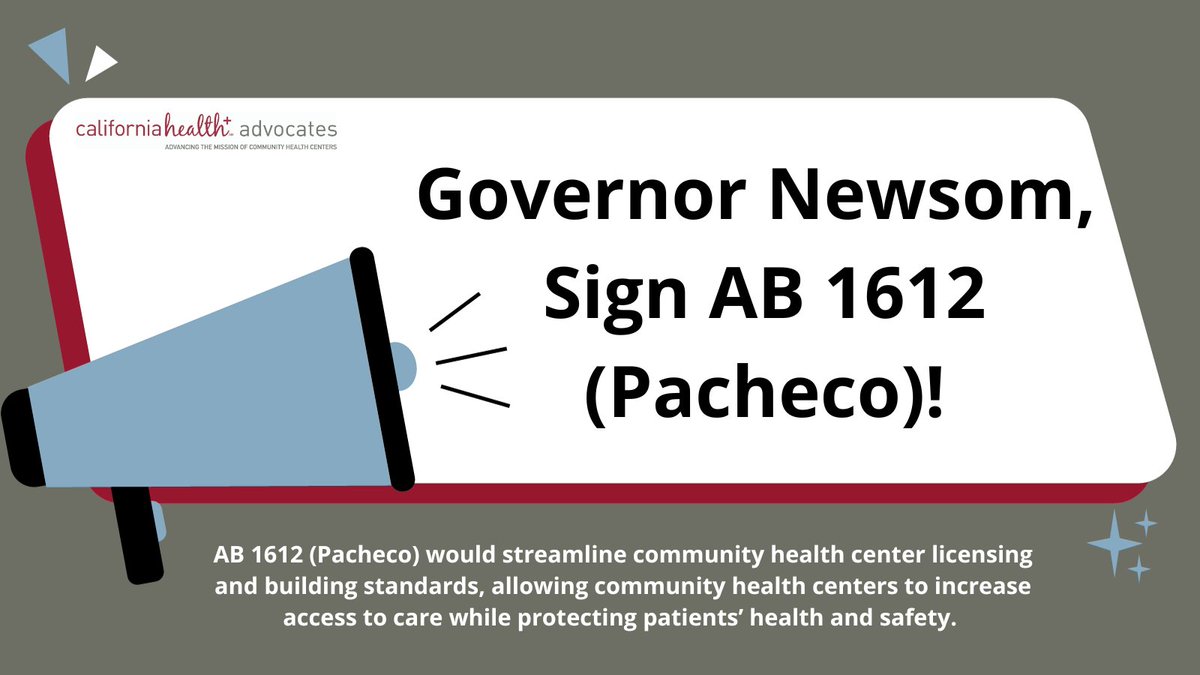 Community health centers are a vital part of CA’s healthcare system. Streamlining health center licensing & building standards would allow community health centers to increase access to care across CA to meet growing healthcare needs. @GavinNewsom, sign AB 1612 by @AsmPacheco!