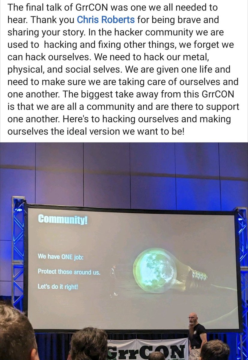 SocialEngrLady's tweet photo. The final talk of @GrrCON was something I wasn't expecting, but needed to hear. 

#hackourhealth #idealself #community #family #hackerculture https://t.co/QLq4YUHemC
