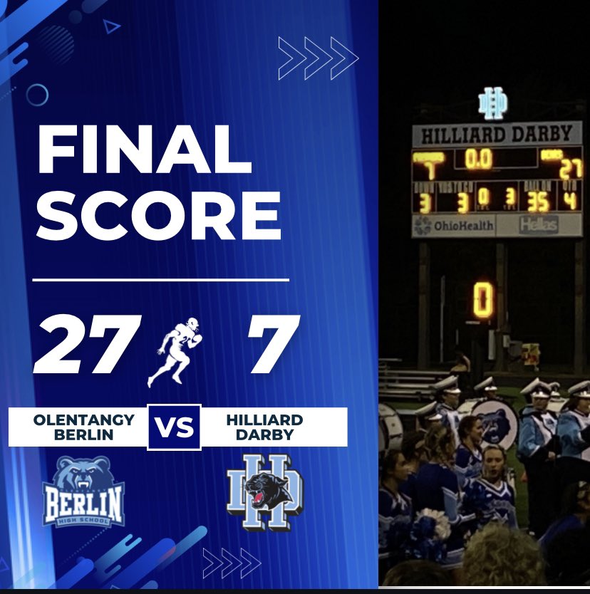 Olentangy Berlin vs Hilliard Darby FINAL SCORE UPDATE

The game ends with a Berlin Bear victory 27-7!

#clawsup #football #olentangyberlin
