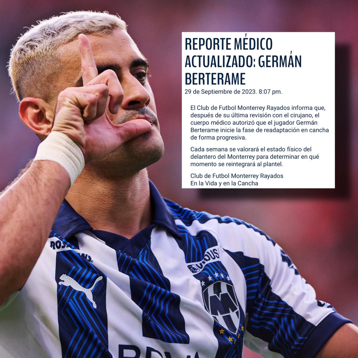 dlptlv's tweet photo. 🚨 𝗢𝗙𝗜𝗖𝗜𝗔𝗟: El Club de Fútbol Monterrey actualiza información sobre la lesión de Germán Berterame. ¡YA FALTA MENOS PARA SU REGRESO! 🔵⚪️ https://t.co/aSfawYiPrq
