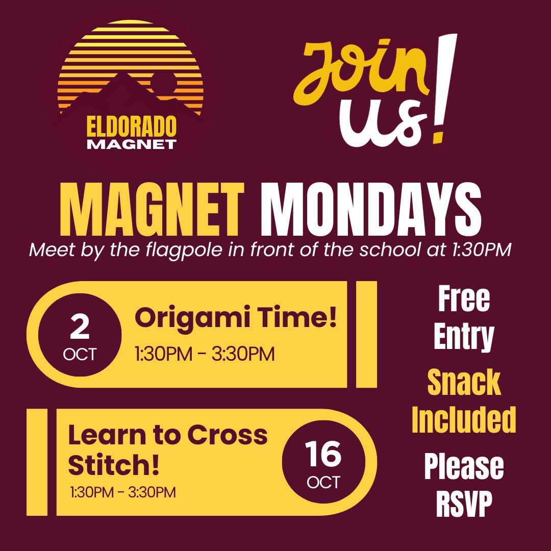 Up next for #MagnetMonday is Origami Time! Meet Monday after school near the flagpole. As always, we will have snacks and lots of fun. Please help us prepare by registering at tinyurl.com/MagnetMonday
@EHS_SparkyPride