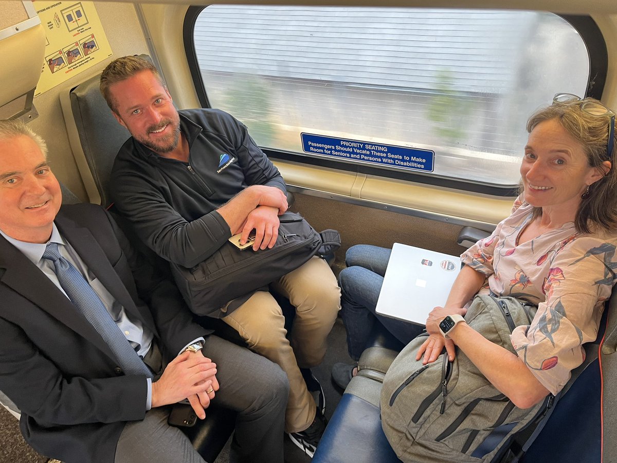 cccta's tweet image. County Connection (Bill Churchill), @SFBayFerry (Seamus Murphy), and @MTCBATA (Rebecca Long) found each other on @Caltrain. On our way to Palo Alto! #transitmonth