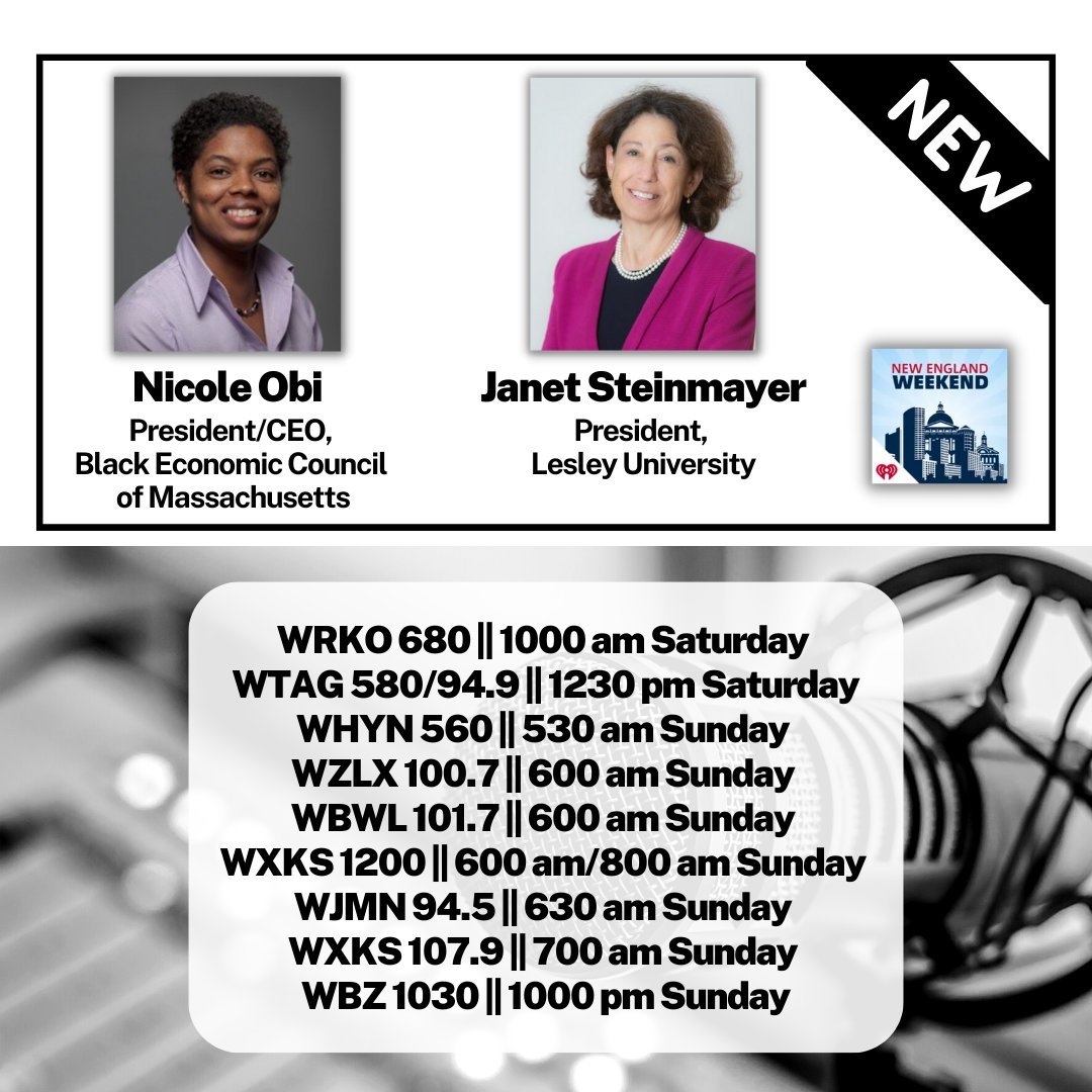 New episode this weekend!

- Nicole Obi, President/CEO @BECMAinc has details on this year's @massblackexpo 10/6-10/8 #MBE2023
- @lesley_u President Janet Steinmayer talks about their 'Threshold' program for neurodiverse young people

Listen live or on podcast tomorrow at 10 AM!