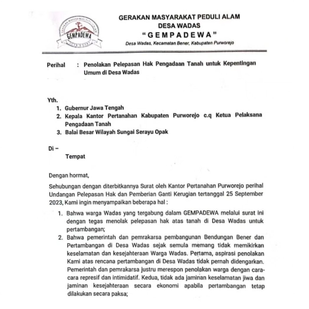 Release Pernyataan Sikap Warga Wadas Tolak Tandatangani Pelepasan Hak Atas Tanah

"SEDHUMUK BATHUK SANYARI BUMI DITOHI PATI"
Kehormatan dan Tanah akan di bela mati-matian sampai titik darah penghabisan

#WadasMelawan
#WadasTolakTambang
#WadasKonsistenMelawan