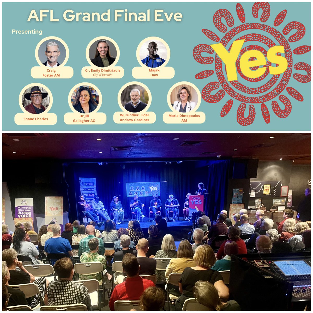 🖤💛❤️ Local communities get behind the <a href="/yes23au/">The National Gathering</a> campaign!

Thanks to our special guests:
Wurundjeri Elder Andrew Gardiner, Dr <a href="/JillGallagherAO/">Jill Gallagher AO</a>, Uncle Shane Charles, <a href="/dean_parkin/">Dean Parkin</a>, <a href="/Craig_Foster/">Craig Foster</a>, <a href="/majakdaw/">Majak Daw</a>, <a href="/MariaDimopoulo4/">Maria Dimopoulos</a> &amp; Professor Andrew Gunstone!

🌟 A standing room only! 🌟