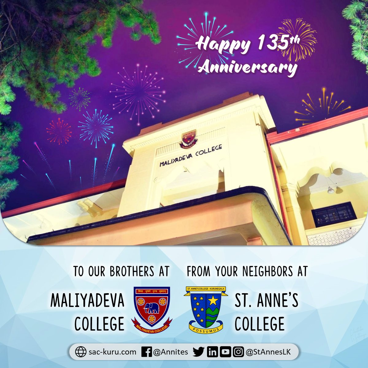 StAnnesLK's tweet photo. It's a big day for our brothers at @MaliyadevaLK. 135 years ago, on a day like this, they marked their beginning. Today, as they celebrate this milestone, we, the St. Anne's College family, extend our warmest congratulations & best wishes.
#Devans #Annites #Brotherhood #StAnnesLK https://t.co/bCfRWooh9c