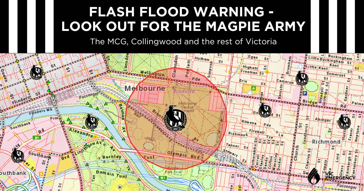 vicemergency's tweet photo. A flash flood of Magpies supporters is expected to rise today, peaking in the afternoon. This sea of black and white originated in Collingwood, but it’s anticipated the flood of footy fans will be seen side by side across Melbourne and all of Victoria. #gopies
@CollingwoodFC
@AFL https://t.co/CFHFKl9J9t