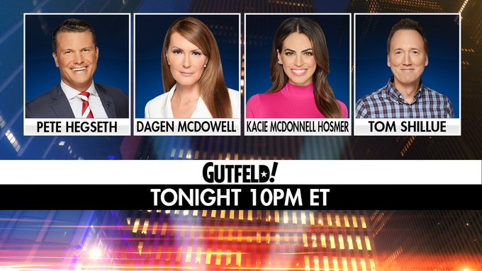 Look who's talking to the Cable News King <a href="/greggutfeld/">GregGutfeld</a> 
• 'Pistol' <a href="/PeteHegseth/">Pete Hegseth</a>
• Southern belle <a href="/dagenmcdowell/">Dagen McDowell</a>
• Mansion maven <a href="/KacieMcDonnell/">Kacie McDonnell Hosmer</a>
• stand-up guy <a href="/tomshillue/">Tom Shillue</a>
It's time tonight for the show you'll be talking about tomorrow. From stately Wayne Manor, it's GUTFELD!