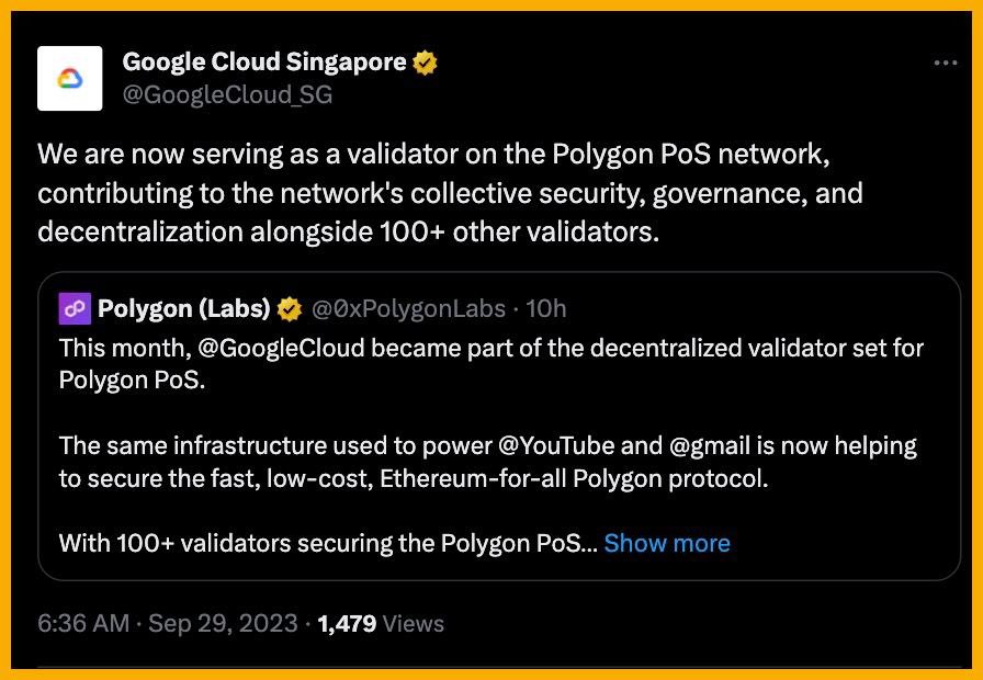 KhoaBTC's tweet photo. 🔥 #Google đã tham gia trở thành validator trên mạng lưới #Polygon PoS, đóng góp vào an ninh, quản trị và độ phi tập trung chung của mạng lưới cùng với hơn 100 validator khác
#crypto #btc #uptend #google #polygon https://t.co/U5bd81bHua