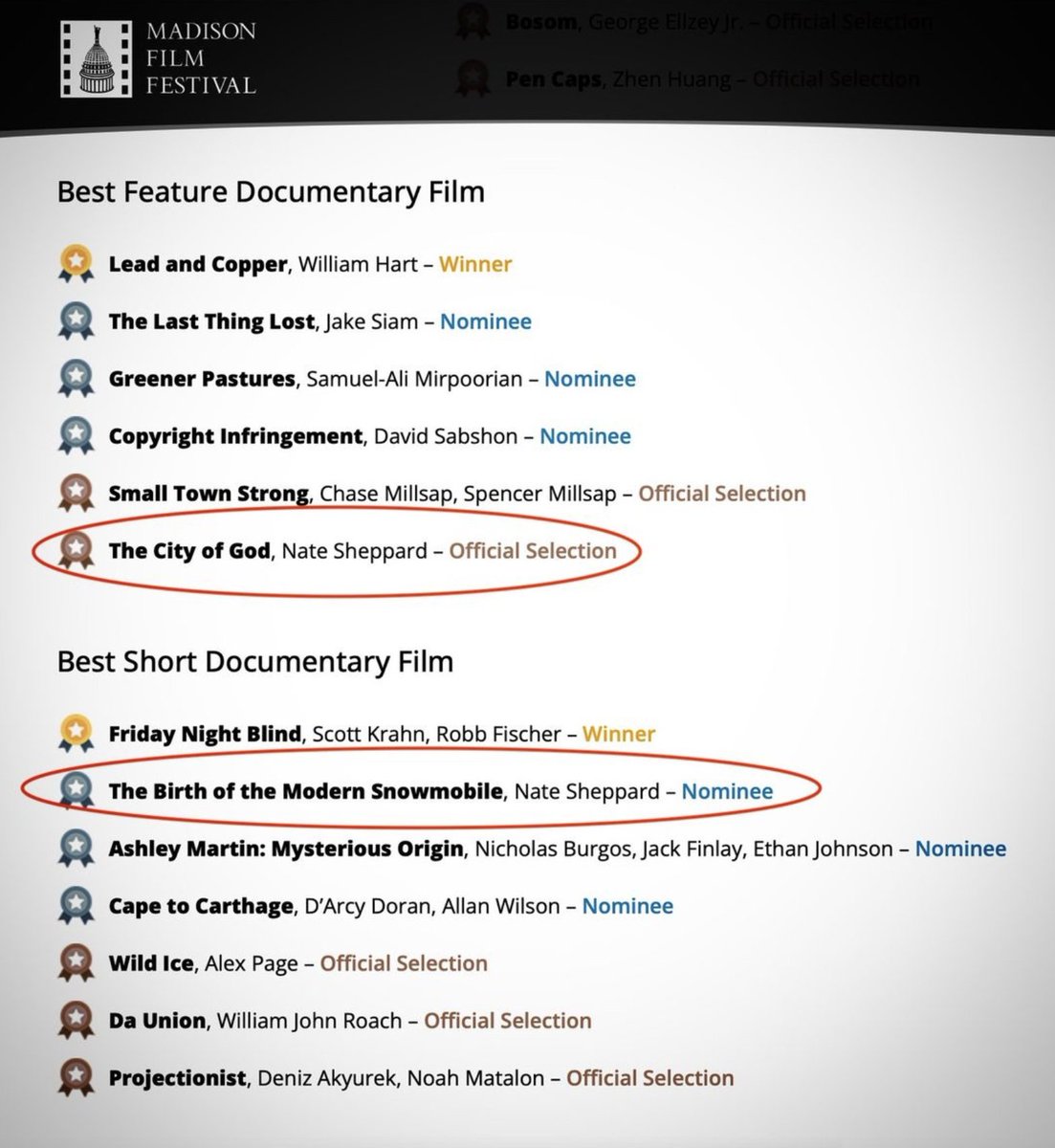 Such a delight to see *two* of my films in the lineup of selections for last month's inaugural Madison Film Festival. 

Thanks again to <a href="/madisonfilmf3st/">Madison Film Festival</a> for your part in supporting independent filmmakers! 

(You can see the full list at madisonfilmfestival.com)