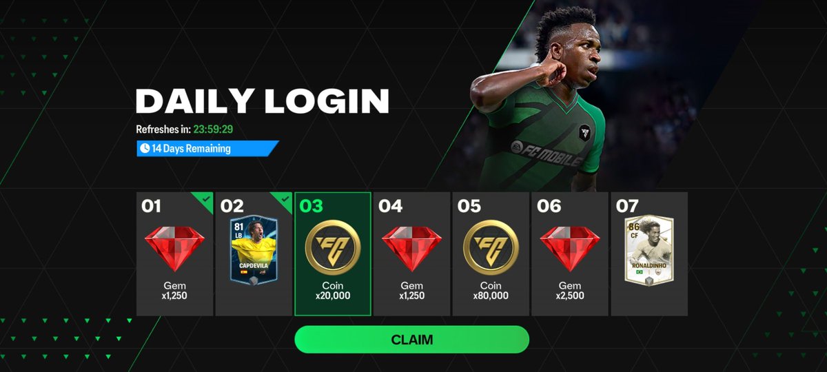 100RowezayEAFC's tweet image. Do not miss out on LEGENDARY Ronaldinho in the daily login for 7days. #MobileGaming #EAFC #DailyLogin #Ronaldinho