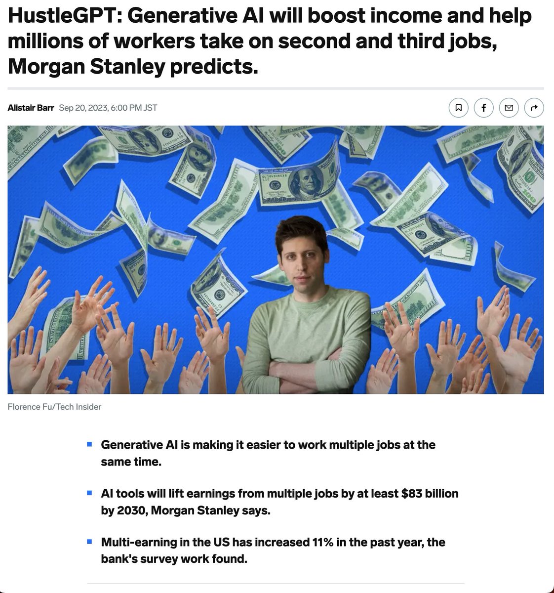 AI 副業】 多くの人がAIを使って副業をするようになるとの予測 モルガン・スタンレーが発表したレポートによると ・生成AIで仕事が容易に  ・2030年の副業収入は830億ドル以上になると予測 ・アメリカの副業者は1年で11％増加しているという AIが仕事を効率化し、副業の ...
