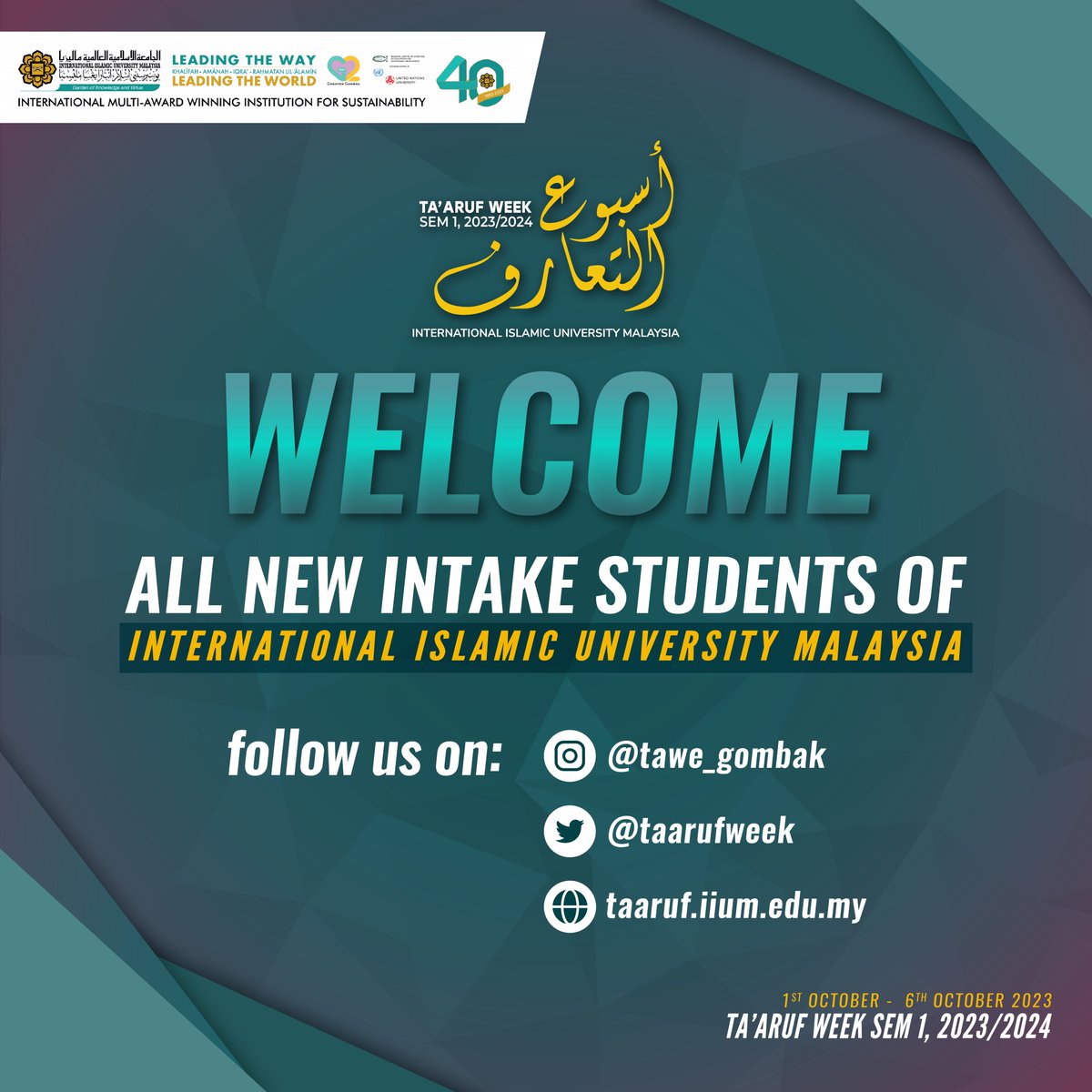 Ahlan Wa Sahlan to all new students. Regardless if you are a direct intake students or CFS students, all of you have a mission to be achieved here. Do your level best and good luck!

##KaifaTawekum?

#IIUM2023 #IIUM40 
#LeadingTheWay #LeadingTheWorld