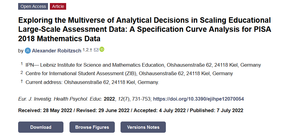 EJIHPE_MDPI's tweet photo. 🥳Welcome to read👉"Exploring the #Multiverse of #AnalyticalDecisions in #Scaling Educational #LargeScaleAssessment Data: A #SpecificationCurveAnalysis for #PISA 2018 #MathematicsData"📜by🧑‍🏫Alexander Robitzsch et al.:📍https://t.co/V1RRWk0tEK
#itemresponsemodel #modeluncertainty https://t.co/uCzNc7UTnL