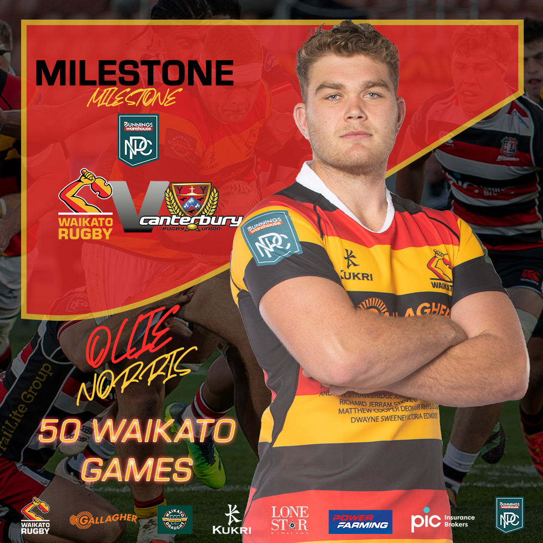 WaikatoRugby's tweet photo. ๐MILESTONE๐
๐50 up for Ollie Norris.
Congratulations to Ollie Norris, who brings up 50 Waikato games against Canterbury!๐ช๐๐ฎ
Norris first debuted for Waikato in 2019 against Canterbury and today plays his 50th against Canterbury.๐คฉ
#WaikatoRugby #Norris50 #WAIvCAN https://t.co/Rq7IbH6rST