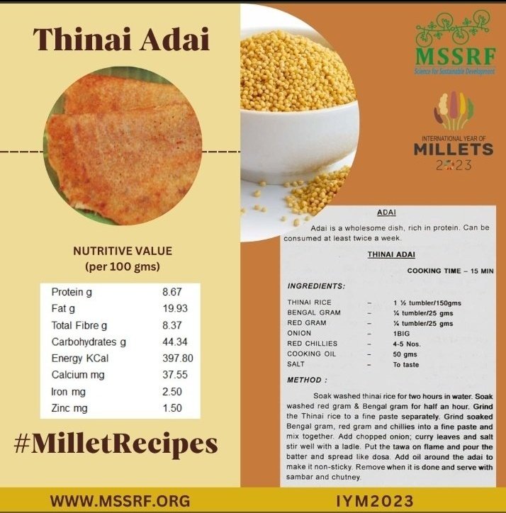 MilletsOfIndia's tweet photo. Besides having #FoxtailMillets made #Ambali #Porridge, find below a few #recipes for #Dosa #Kheer #Upma & #Thinai #Adai. Make #Biryani #Lemonrice #Pulao #Khichdi #Pongal #Uttapam #Payasam, #Pizza, etc.all a #Chef can imagine! Let's consume #Millets #Shreeanna for #HealthyHeart https://t.co/0uI9fYvi2a
