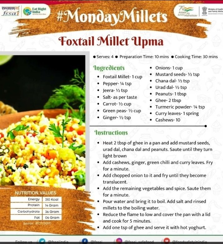 MilletsOfIndia's tweet photo. Besides having #FoxtailMillets made #Ambali #Porridge, find below a few #recipes for #Dosa #Kheer #Upma & #Thinai #Adai. Make #Biryani #Lemonrice #Pulao #Khichdi #Pongal #Uttapam #Payasam, #Pizza, etc.all a #Chef can imagine! Let's consume #Millets #Shreeanna for #HealthyHeart https://t.co/0uI9fYvi2a