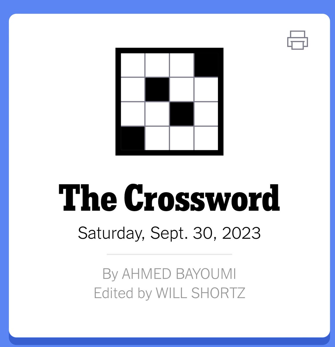 AMBayoumi's tweet photo. Thrilled to be making my debut as a published crossword constructor in the New York Times.

https://t.co/vkKNeqvUhL https://t.co/gmCHCo6OcS
