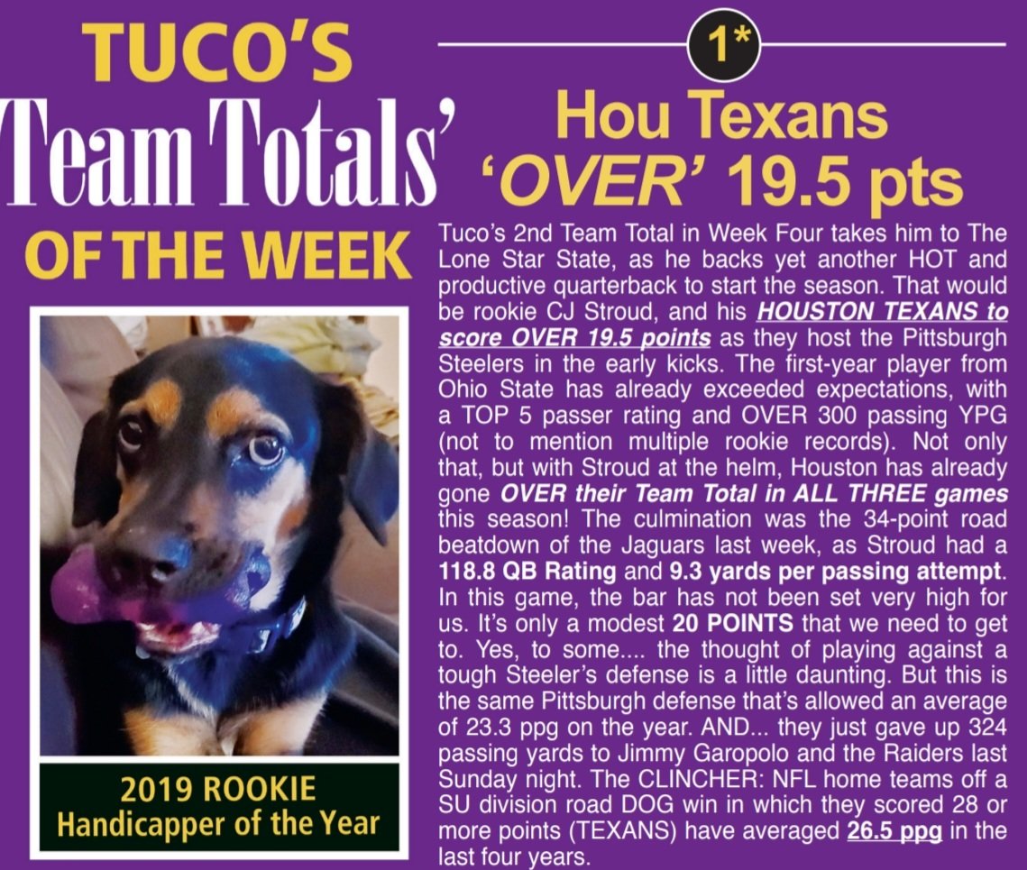 King's Best Friend TUCO is riding CJ Stroud and the Texans for one of his NFL Team Totals!