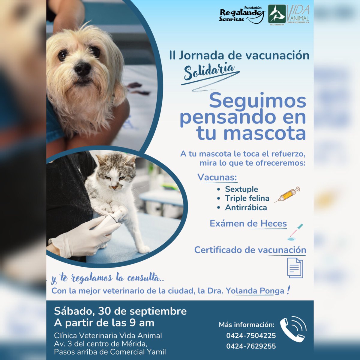 _RSonrisas's tweet photo. 📢¡Atención a todos los amantes de los animales! 🐾

Nos complace anunciar la segunda jornada de vacunación con precios solidarios para nuestros queridos perritos y gatitos de casa. 🐶🐈 https://t.co/yPOhiQJFYs
