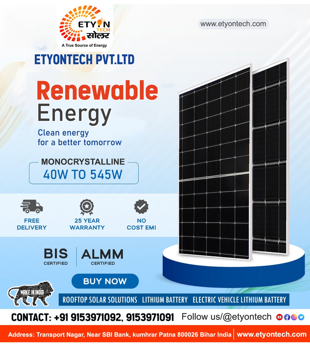 etyontech's tweet photo. Renewable Energy
Clean energy for a better tomorrow Monocrystalline
#solarsystem
.
.
अधिक जानकारी के लिए संपर्क करें।
📞 Contact: 091539 71092, 9153971091
Etyontech https://t.co/HM60zqMGo6.
https://t.co/GvLujiU0oJ
https://t.co/VtOA3qhP0V
🌐 https://t.co/o8SBuRtipw https://t.co/w5JchPeIRl
