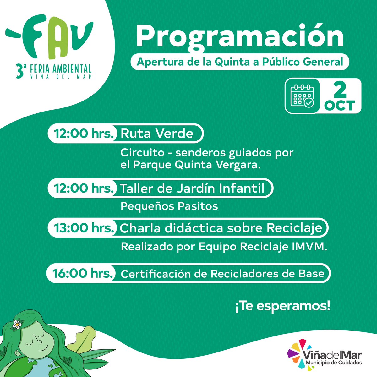 🌿 3ª Feria Ambiental de Viña del Mar | Te invitamos a conocer emprendimientos y organizaciones con enfoque ambiental 👉Además de ser parte de los diferentes talleres y charlas que se realizarán durante estos 3 días. 

<a href="/vinadelmar/">Municipio de Viña del Mar</a> #viñadelmar #quintavergara #FAV2023