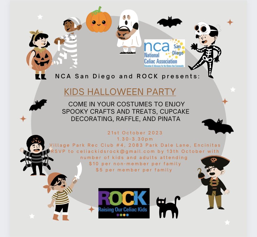 SDCeliacSupport's tweet photo. NCA San Diego and ROCK can’t wait for you all to come to our Kids Halloween Party on October 21st from 1:30pm-3:30pm. Please be sure to RSVP by October 13th to celiackidsrock@gmail.com with number of kids and adults attending. National https://t.co/zNyttLbEPK