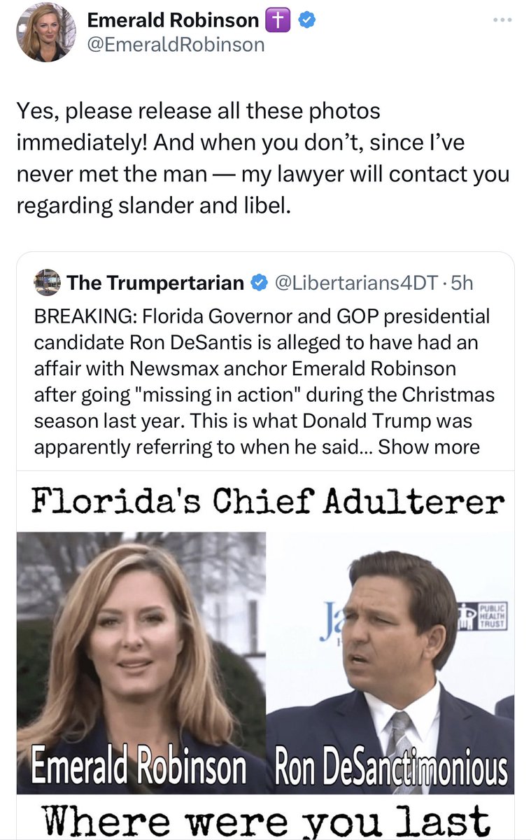 AGHamilton29's tweet photo. So lowlife Trump surrogate/friend Roger Stone invented a rumor that DeSantis was having a secret affair with Newsmax correspondent Emerald Robinson. Only problem is Robinson has never actually met DeSantis.

Again, it’s an entire campaign filled with the worst people in politics. https://t.co/fQfLqUwVk5