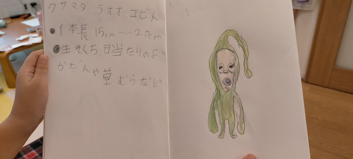ShoTanabe's tweet photo. 小学校2年生の娘が描いたこびと。
二学期から「こびとクイズ係」を起案しリーダーになったことを学校参観で初めて知った。
主な役割は「帰りの会」で黒板の前に出て自作のこびとクイズを出題すること。
我が家の子どもたちは、こびとづかんにどハマり中。
#こびとづかん 
#なばたとしたか さん https://t.co/CwUENKeKR1